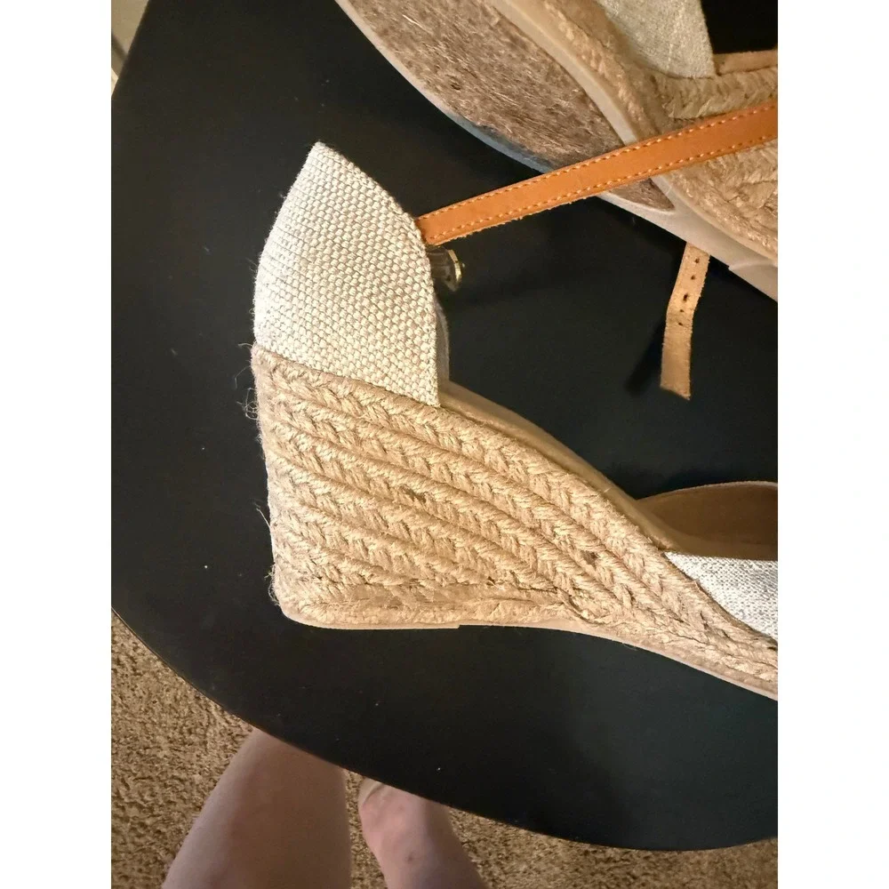 Croft & Barrow Georgina Linen Espadrille Wedge Sandal Tan Ankle Strap Wmn 11 NWt